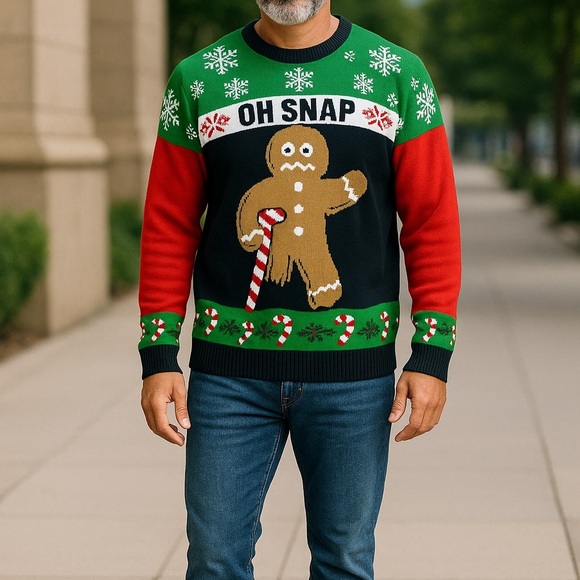 Ugly Christmas Sweater "Oh Snap" Gingerbread Man Design Multi-Color I - Picture 4 of 6
